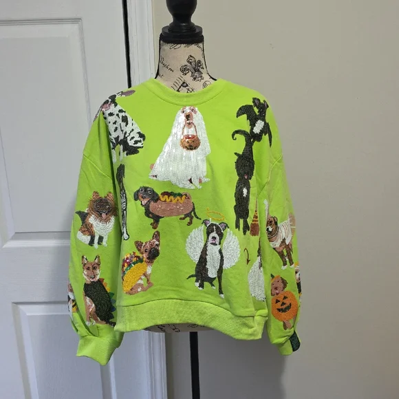 Queen of Sparkles Limited Edition Halloween Dogs Lime Green Sweatshirt Small - Picture 1 of 12